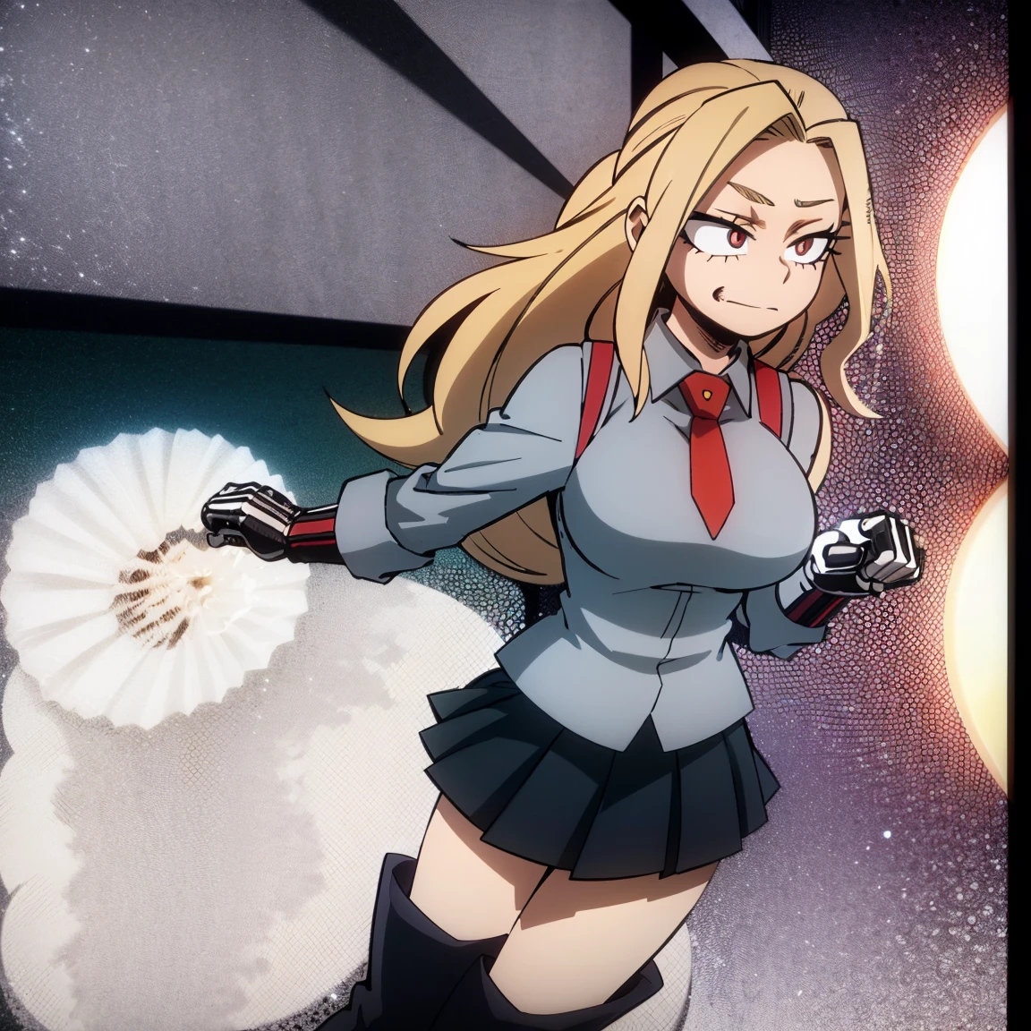 1girl, female focus, boku no hero academia, masterpiece, best quality, very aesthetic, cowboy shot, big breasts, long curly hair, orange hair, dark pink eyes, smirk, gray jacket, red tie, white shirt, teal skirt, gray tights, boots, sunset