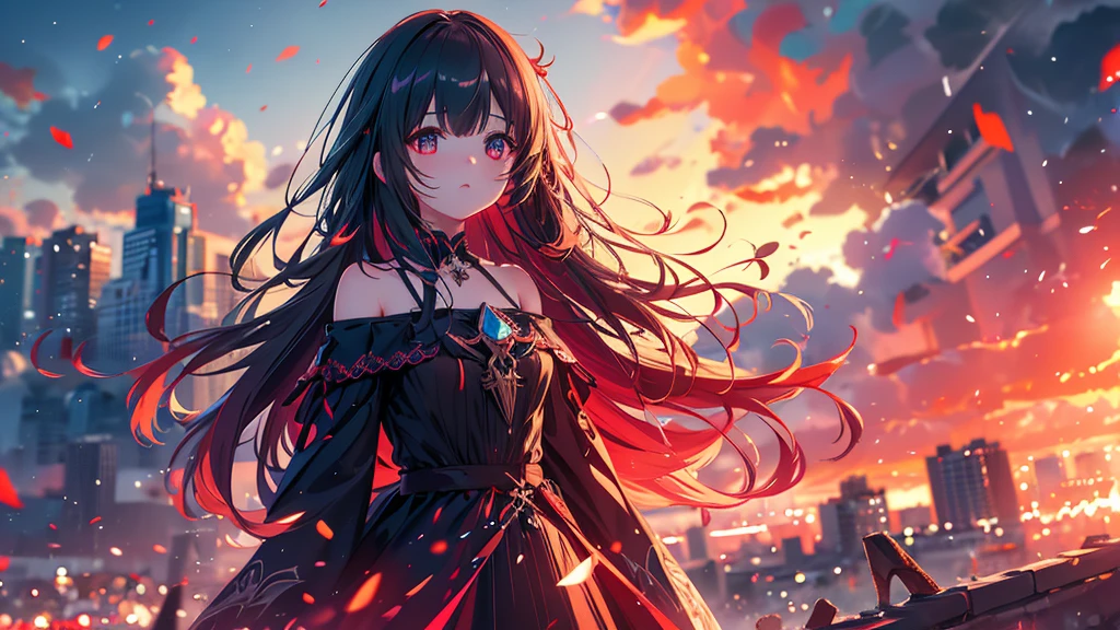 One girl, bangs, Long Hair, Messy Hair, Slope_eye, Diamond-shaped pupils, Devil Girl, Royal type off-shoulder dress, Conceptual Art, masterpiece, Super detailed, Attention to detail, high quality, 最high quality, High resolution