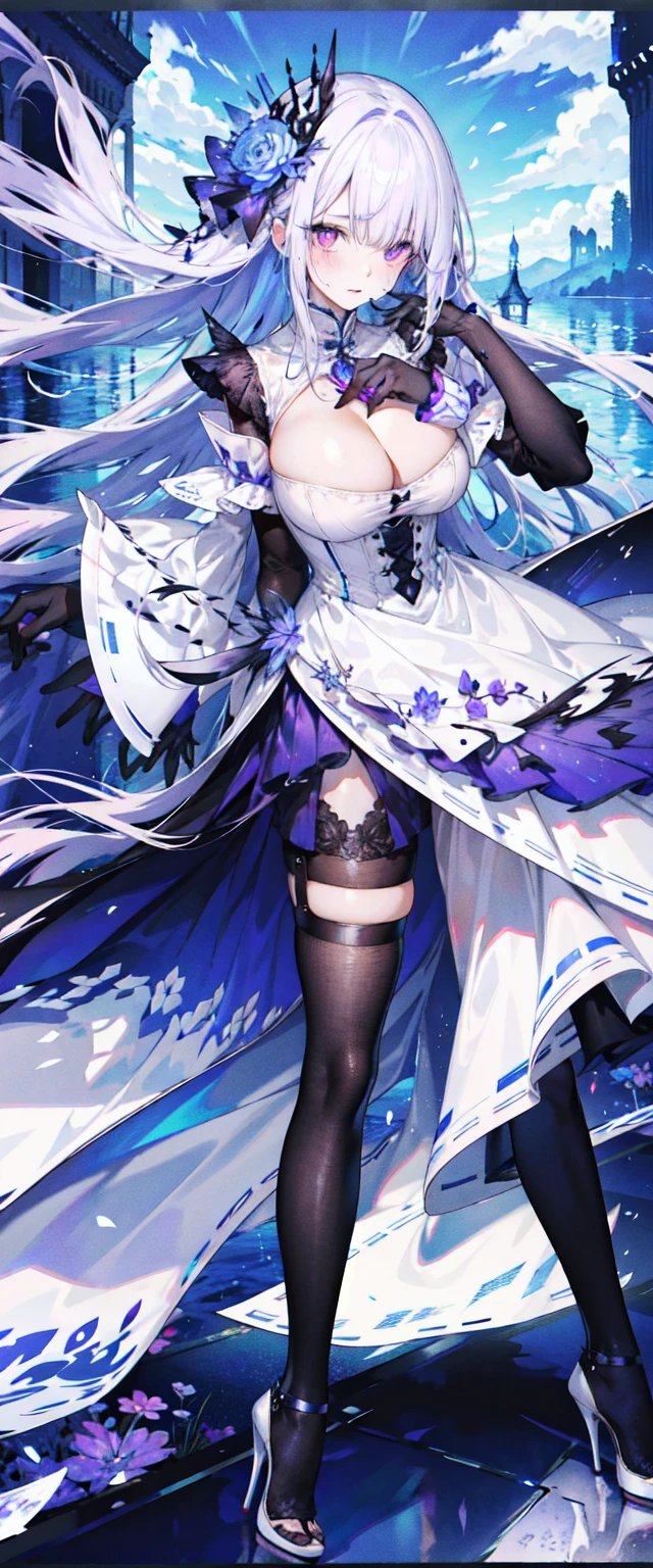 （（masterpiece：1.4，best quality）），（Super detailed），（Extremely detailed eyes），（Shiny socks：1.5），Hello Darkness
（Cute girls），，（Blood-red pupils，Diamond-shaped pupil：1.15），Purple Eyeshadow，（elongated hair，Thick hair，Single ponytail，shiny hair：1.5）（Changes through：1.2），despair，sad，Empty eyes，tears streaming down my face，tilting its head to the side，
（She wore a blue dress，：1.5），（Black gloves：1.4）Very long plush sleeves，White，White Cloud，Dream bubbles ，Ice and glitter effects
（Black long skirt：1.1），
（（Starry Sky：1.2）），
（Intense black and white：1.16），（Depth of Field：1.4），，Intricate details，(((Detailed background，Castle in the Sky，Purple flowers by the lake)))，(((Huge breasts，Bare breasts，Deep cleavage，White stiletto high heels，Transparent clothes)))