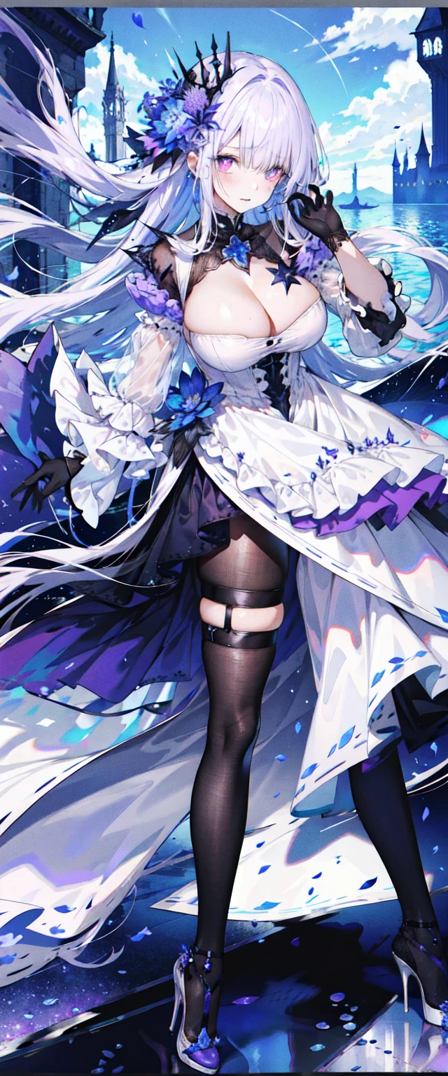 （（masterpiece：1.4，best quality）），（Super detailed），（Extremely detailed eyes），（Shiny socks：1.5），Hello Darkness
（Cute girls），15 years old，（Blood-red pupils，Diamond-shaped pupil：1.15），Purple Eyeshadow，（elongated hair，Thick hair，Single ponytail，shiny hair：1.5）（Changes through：1.2），despair，sad，Empty eyes，tears streaming down my face，tilting its head to the side，
（She wore a blue dress，：1.5），（Black gloves：1.4）Very long plush sleeves，White，White Cloud，Dream bubbles ，Ice and glitter effects
（Black long skirt：1.1），
（（Starry Sky：1.2）），
（Intense black and white：1.16），（Depth of Field：1.4），，Intricate details，(((Detailed background，Castle in the Sky，Purple flowers by the lake)))，(((， ，Deep ，White stiletto high heels， clothes)))