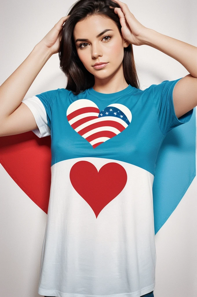 T-shirt vector illustration, centered design of a detailed flag, billowing gracefully, with an overlay of a hand over a heart, symbolizing patriotism and loyalty. simplistic, centered vector illustration, solid background color. with light color background for t-shirt design