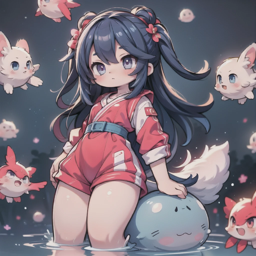 anime style , woman 30 years old ,  behind her several blue and red capsules floating,  dark image