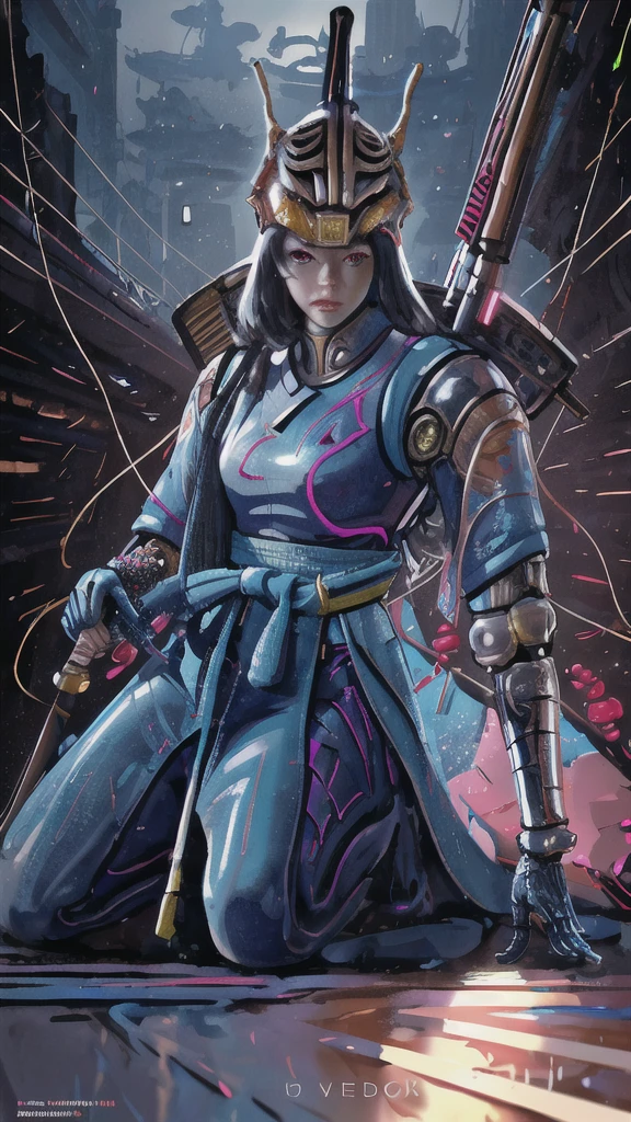 Hyperrealistic version of a woman kneeling down with a sword in her hand, very beautiful cyberpunk samurai, anime cyberpunk art, cyberpunk samurai, cyberpunk anime art, anime cyberpunk, cgsociety 9, digital cyberpunk anime art, style of maciej kuciara.1girl, samurai armor, helmet oni evil mask,intricate, ornaments detailed, cold colors, metal, egypician detail, highly intricate details, realistic light, trending on cgsociety, glowing eyes, facing camera, neon details, ultra realistic details, portrait full body, japanese atmosphere, global illumination, shadows, octane render, 8k, ultra sharp.cool lolita. 