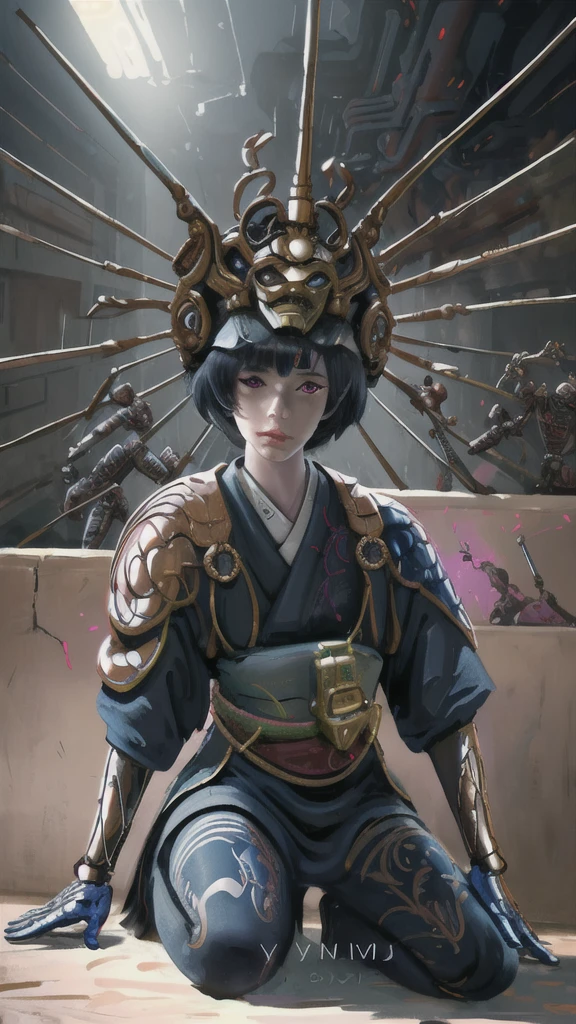 Hyperrealistic version of a woman kneeling down with a sword in her hand, very beautiful cyberpunk samurai, anime cyberpunk art, cyberpunk samurai, cyberpunk anime art, anime cyberpunk, cgsociety 9, digital cyberpunk anime art, style of maciej kuciara.1girl, samurai armor, helmet oni evil mask,intricate, ornaments detailed, cold colors, metal, egypician detail, highly intricate details, realistic light, trending on cgsociety, glowing eyes, facing camera, neon details, ultra realistic details, portrait full body, japanese atmosphere, global illumination, shadows, octane render, 8k, ultra sharp.cool lolita. 