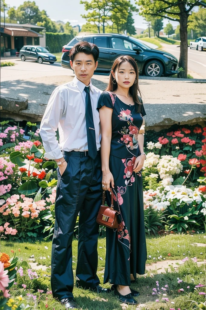 Highly realistic photo, ((masterpiece), (best quality), (raw photo), (photorealistic:1.4),This is a photo of a couple posing together in front of a picturesque background. The man wore a white shirt with a dark tie and dark pants, while the woman wore a maroon dress with floral decorations. She is holding a small handbag in her left hand. The backdrop depicts a serene outdoor scene with greenery, trees, a car in the background, and a garden with blooming flowers, creating an idyllic and romantic scene.), photo taken by Sony A7IV
