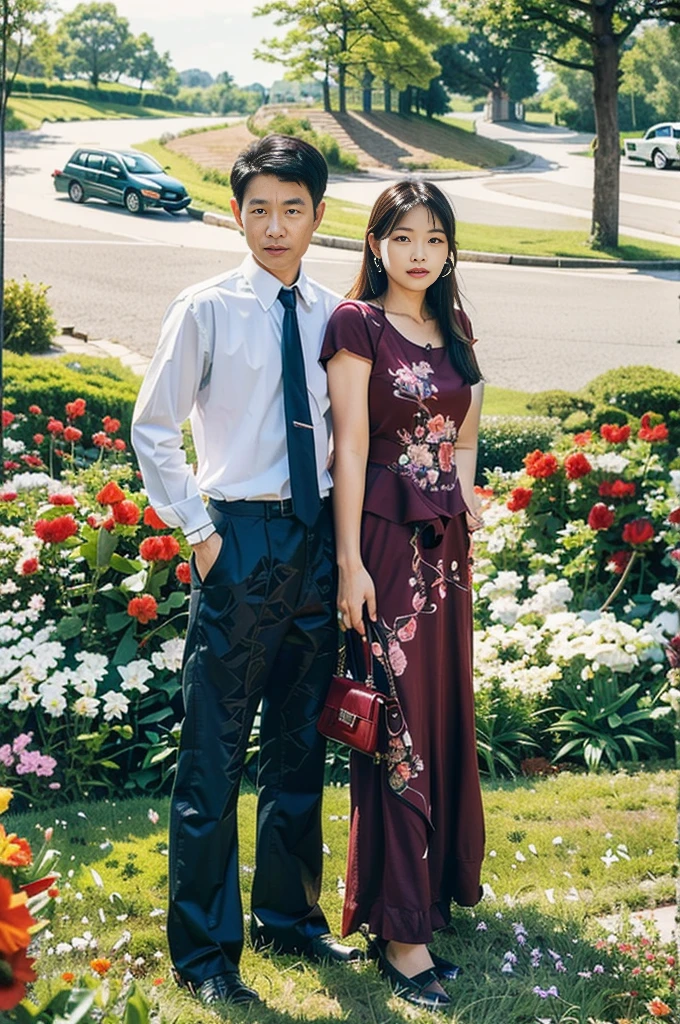 Highly realistic photo, ((masterpiece), (best quality), (raw photo), (photorealistic:1.4),This is a photo of a couple posing together in front of a picturesque background. The man wore a white shirt with a dark tie and dark pants, while the woman wore a maroon dress with floral decorations. She is holding a small handbag in her left hand. The backdrop depicts a serene outdoor scene with greenery, trees, a car in the background, and a garden with blooming flowers, creating an idyllic and romantic scene.), photo taken by Sony A7IV
