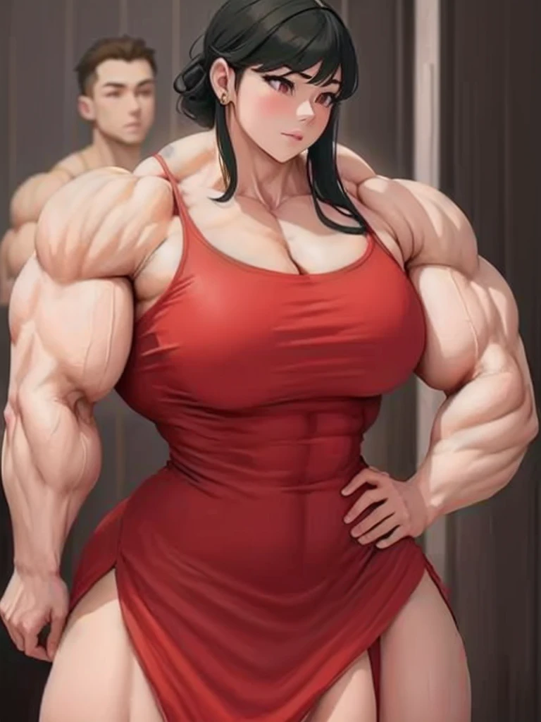 a woman in a red dress is holding two idiots, chun lin na academia, big arms, big biceps, big muscles, muscular girl, strong arms, muscular!!, big muscles, huge muscles, heavy appearance, huge muscles, powerful and huge, bursting with muscles, big muscle, muscular!!!, thick, Very beauthful. big muscles