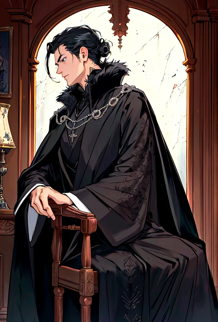 Close-up of a person wearing a cloak and cape., Wear black robes,old phonograph, gramophone , Elegant black clothes, Dark black clothes with black embroidery, Outfit with silver accents, Elegant dark royal robes, The luxurious clothes of the Imperial Family, Luxury coat, Royal Cape, fur coat, black hair, blue eyes, nonsense,High resolution,Very detailed),1 person,AS-Adult,handsome,The boy was tall and muscular.,Broad shoulders,Face profile of a 25 year old man, Fine, detailed eyes and a detailed face.,Short black hair,Sit and rest.,Listen to music,rest day ,The background is the house.