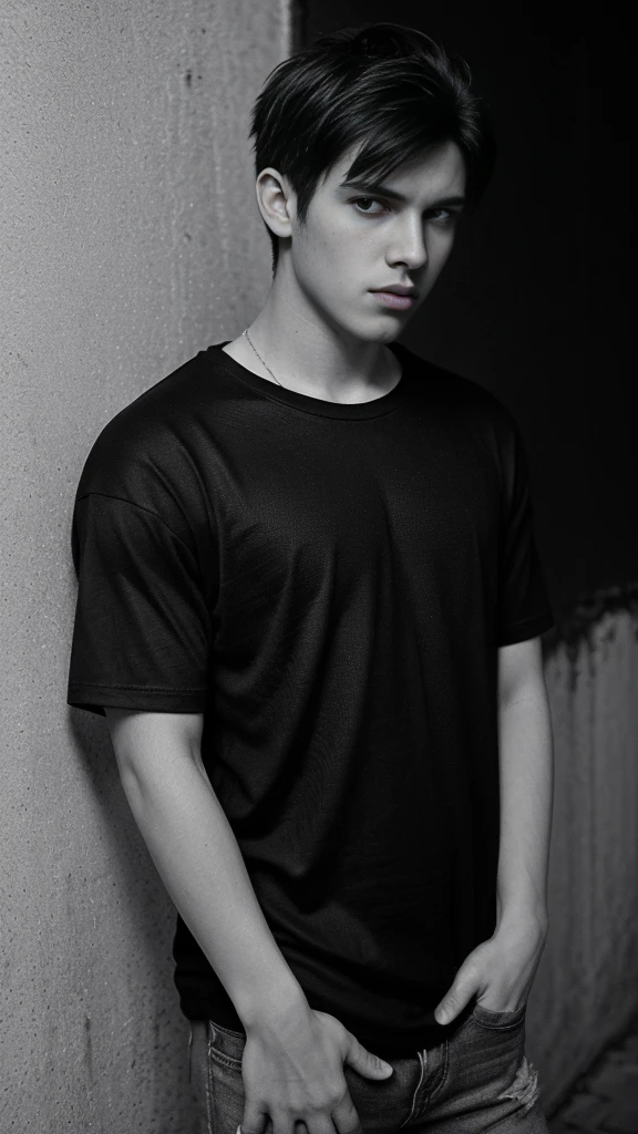Generate an image in dramatic cinematic black and white, 4k , a young man wearing a black loose tee shirt in a street . Include a textured on the wall in the background. photograohic illumination