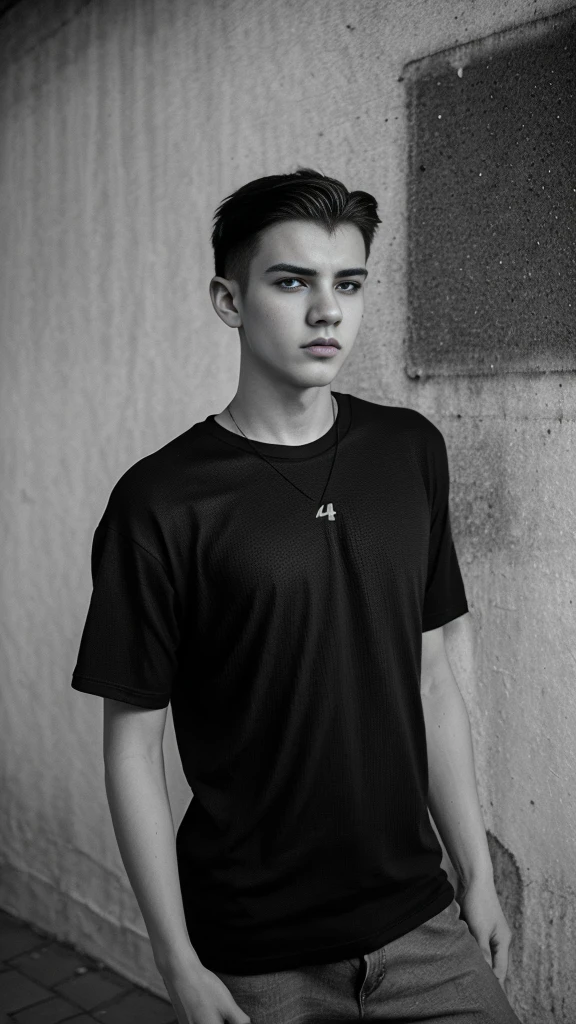 Generate an image in dramatic cinematic black and white, 4k , a young man wearing a black loose tee shirt in a street . Include a textured on the wall in the background. photograohic illumination 