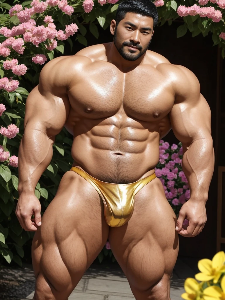 There is only one handsome Asian actor in the picture,30 years old,Tall and handsome, Toned body,short hair, O-Shaped Beard,Perfect body, Dark skin,Glowing skin,Smooth skin,The body is hairless,Muscle bulge, Muscular, Very large pectoral muscles,Very sexy abdominal muscles,Very well-developed leg muscles,Huge concave and convex area,Brightens oily skin,Wearing a gold leather shiny thong,Handsome face, Correct and accurate male body proportions, Stand among the flowers。