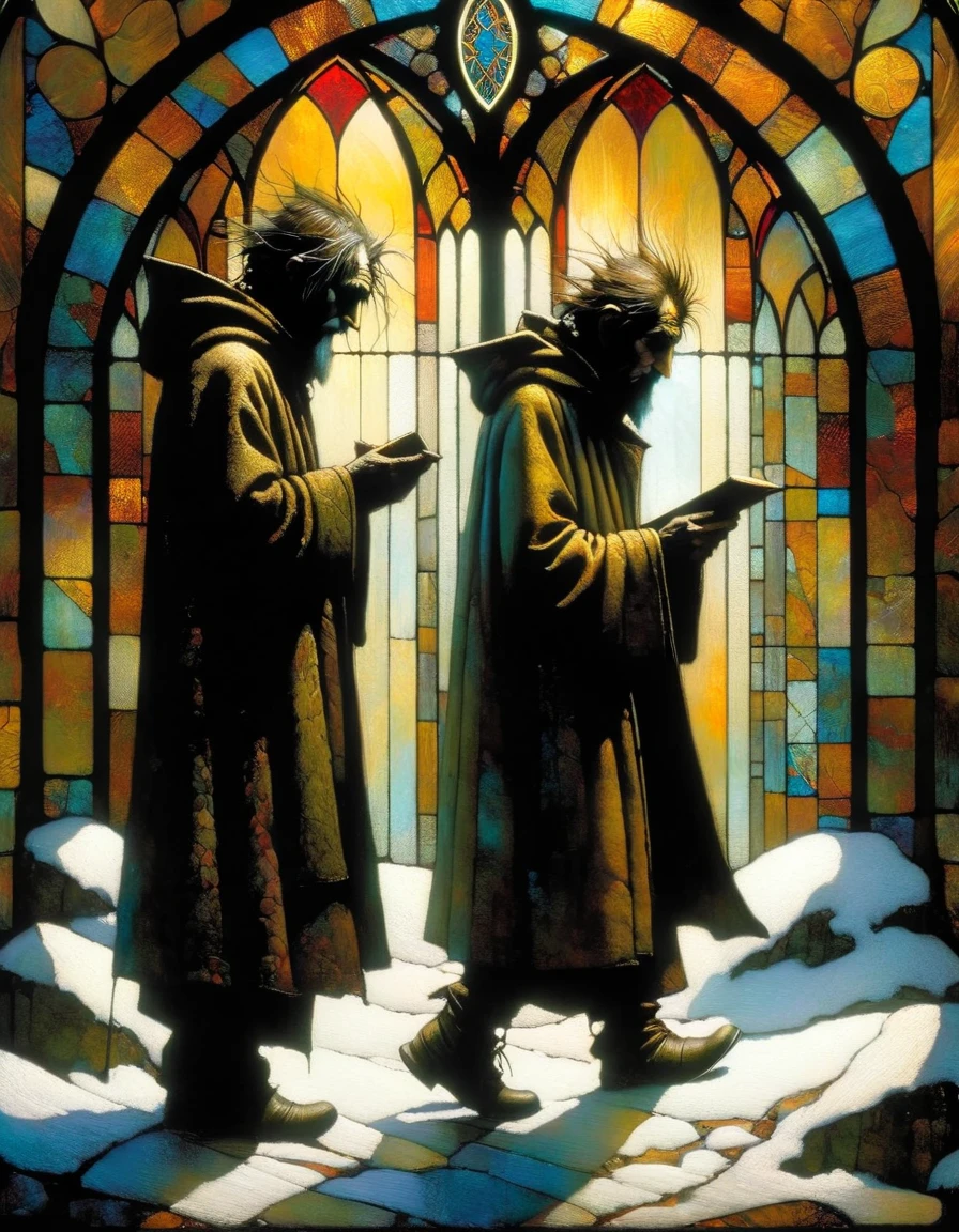 two beggars walk through the snow past a stained glass window (Dave Mckean inspired art, intricate details, oil painting)