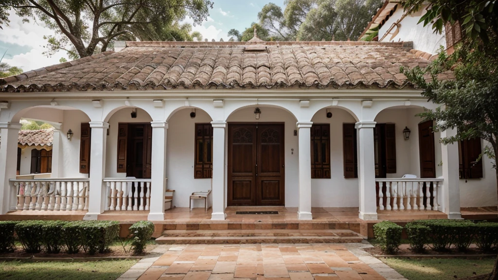 Front view of three small white colonial houses of Villa de Leiva, Colombia with tile roof
