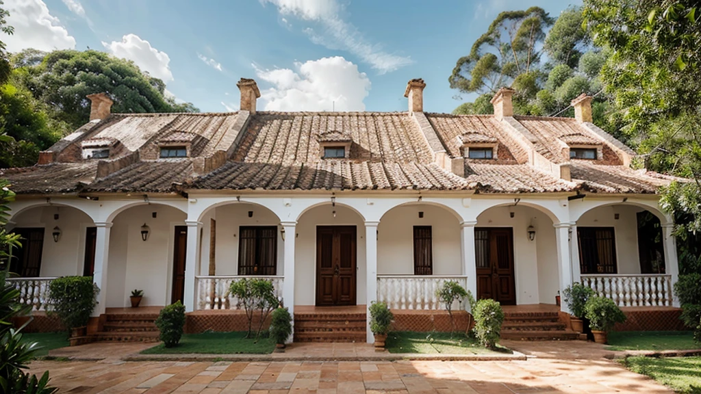 Front view of three small white colonial houses of Villa de Leiva, Colombia with tile roof