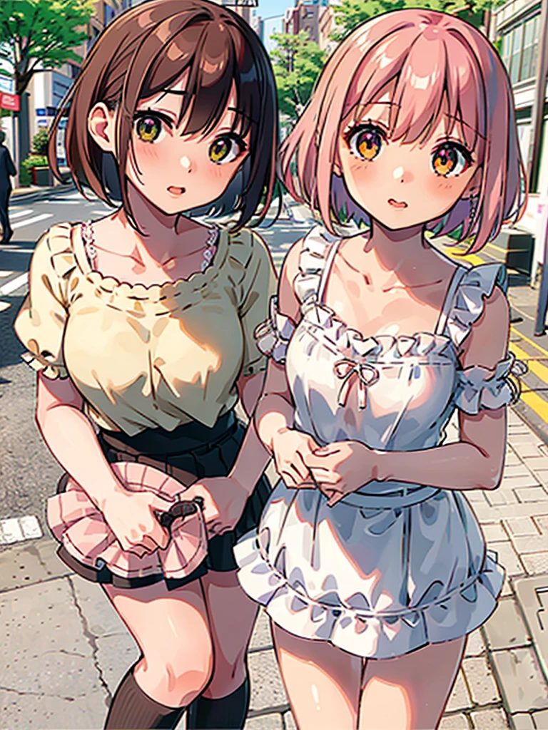 Regular pantyhose、Ultra-detailed、masterpiece、Highest quality、Ultra-high resolution、In 8K、high resolution、Detailed eyes、Gradation、Perfect anatomical figure ,hard disk、Hmph , Nikon Z9 80mm Lens 、Tabletop、Cinema Lighting, Physically Based Rendering, Award-winning, Highly detailed skin, Highly detailed face, Beautiful eyes in every detail、White Lace Lingerie Panties、Fancy panties、Detailed Panty Pattern、Panty Focus、(((Pink cotton tight mini skirt))), Light orange tank top、10-year-old female, (Beautiful light brown hair, High Ponytail、Looking into the camera、Daytime street、Bright sun、crotch grab