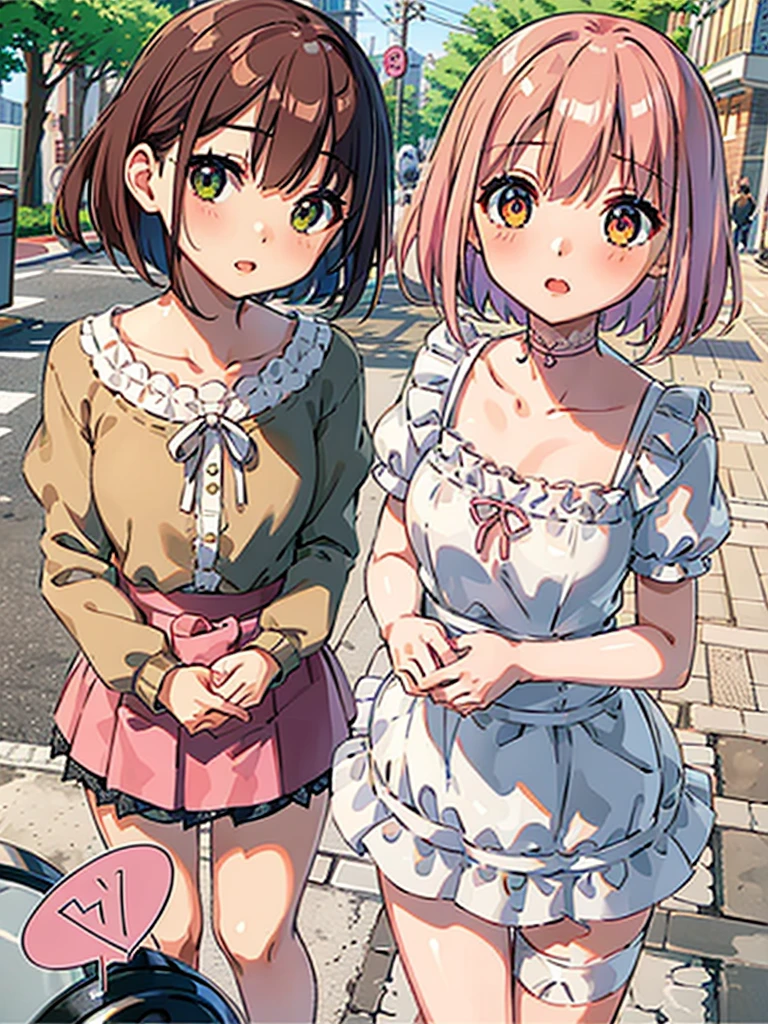 Regular pantyhose、Ultra-detailed、masterpiece、Highest quality、Ultra-high resolution、In 8K、high resolution、Detailed eyes、Gradation、Perfect anatomical figure ,hard disk、Hmph , Nikon Z9 80mm Lens 、Tabletop、Cinema Lighting, Physically Based Rendering, Award-winning, Highly detailed skin, Highly detailed face, Beautiful eyes in every detail、White Lace Lingerie Panties、Fancy panties、Detailed Panty Pattern、Panty Focus、(((Pink cotton tight mini skirt))), Light orange tank top、10-year-old female, (Beautiful light brown hair, High Ponytail、Looking into the camera、Daytime street、Bright sun、crotch grab