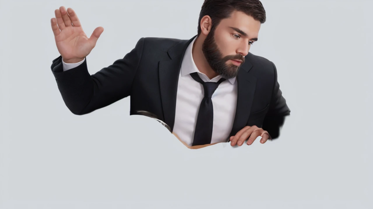 Man in suit and tie, hyperrealistic illustration, solid background, in a business suit, Man with a beard, in a white shirt, man in black suit, advertising photo, ultra realistic picture, realistic image, in a black suit and white shirt