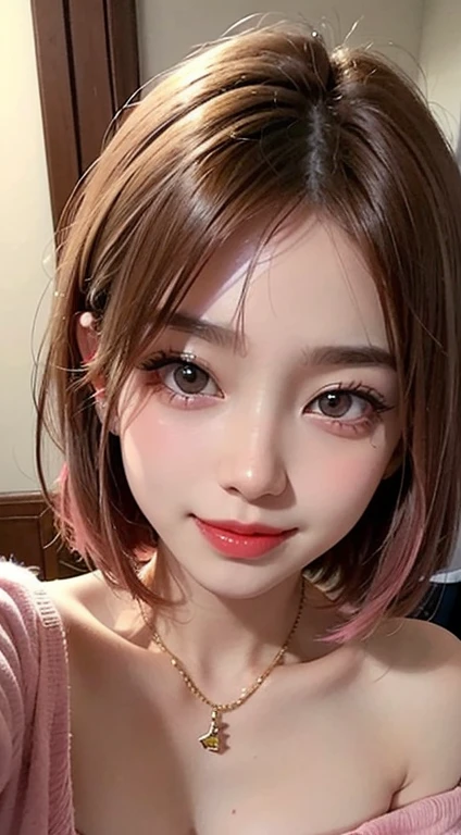 1 girl, 19 years old, south korean, 4k, masterpiece, frekles under eyes, short whavy pink hair, bob haircut, pink eyes, red lips, red eyeliners, massively large breast, off shoulder pink top, discovered breast, tattoo in the neck, gold necklase, tilted head, happy, big smile, perfect teeth, lots of frekles under eyes, selfie, close shot, detailed face, face focus, facing camera.