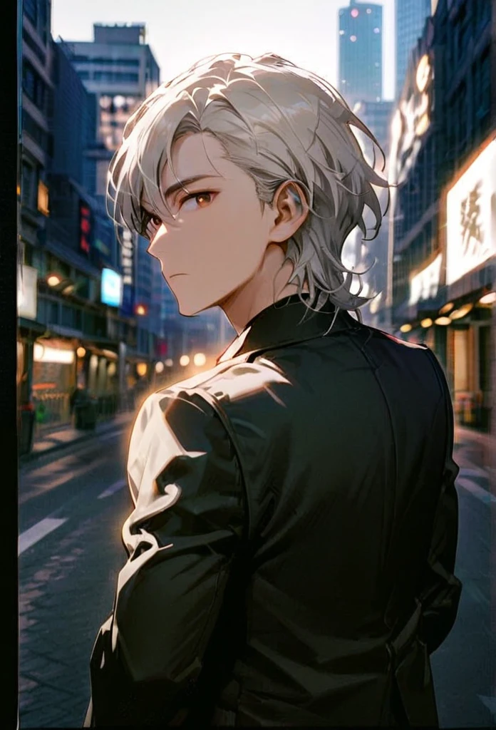 Half body portrait of a young man short Smoky white hair, brown eyes, wears an all black suit. Stand and look back. Look back. Half-body image. Look back.. city view