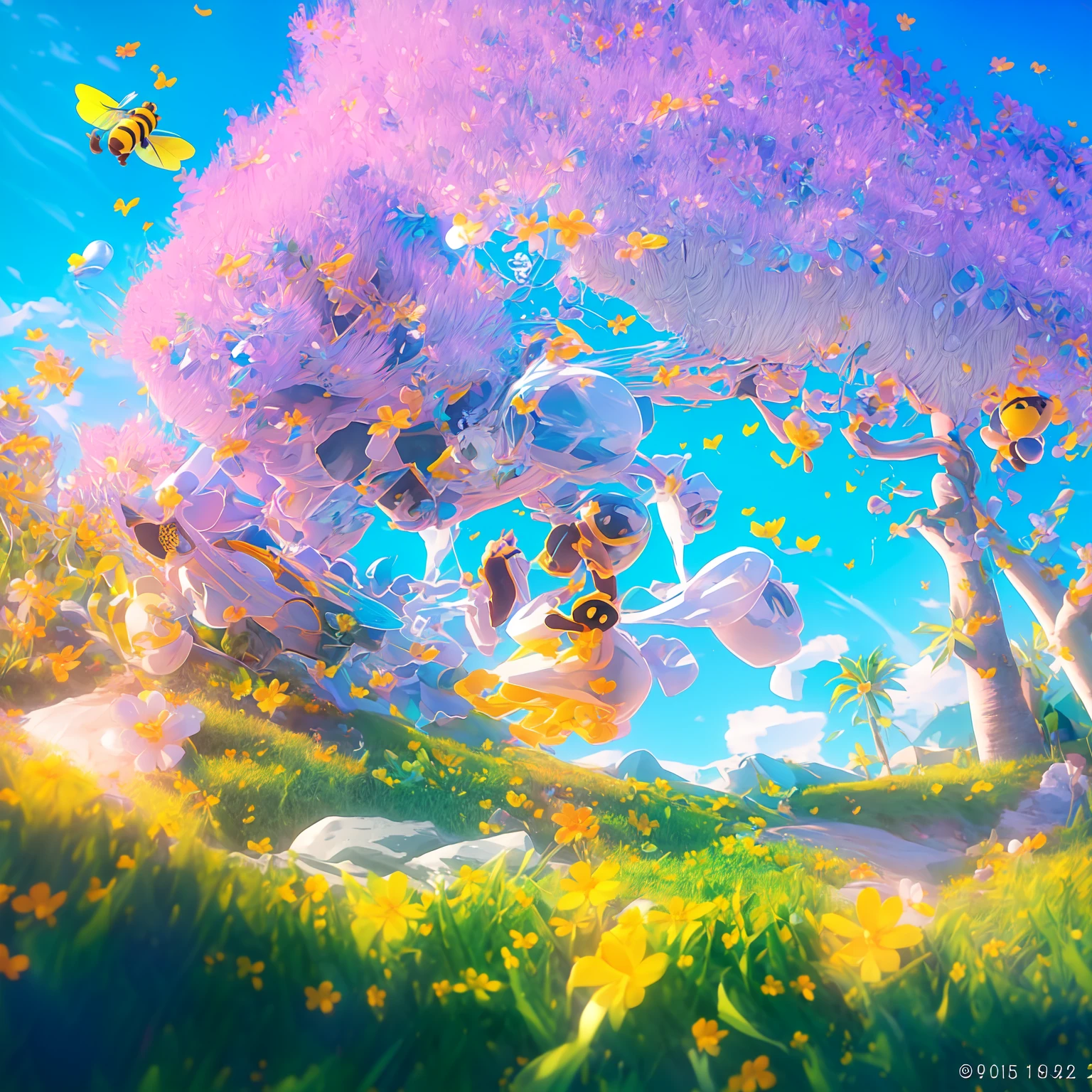 there is a bee flying over a field of flowers with a bee, a 3D render by jeonseok lee, trending on polycount, conceptual art, cute 3 d render, soft 3d render, cute! c4d, stylized as a 3d render, stylized 3d render, adorable digital painting, cute detailed digital art, 3 d bee