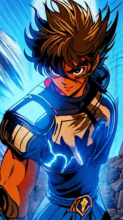 estilo shingoaraki-smf, knights of the zodiac, saint seiya, ****ung boy, messy brown hair, expression of determination on her face,  pegasus seiya , bandages, bloodstains, Ranni, pegasus armor, broken armor, rock ruins background, battle stance, kosmos, energy stars, blue aura