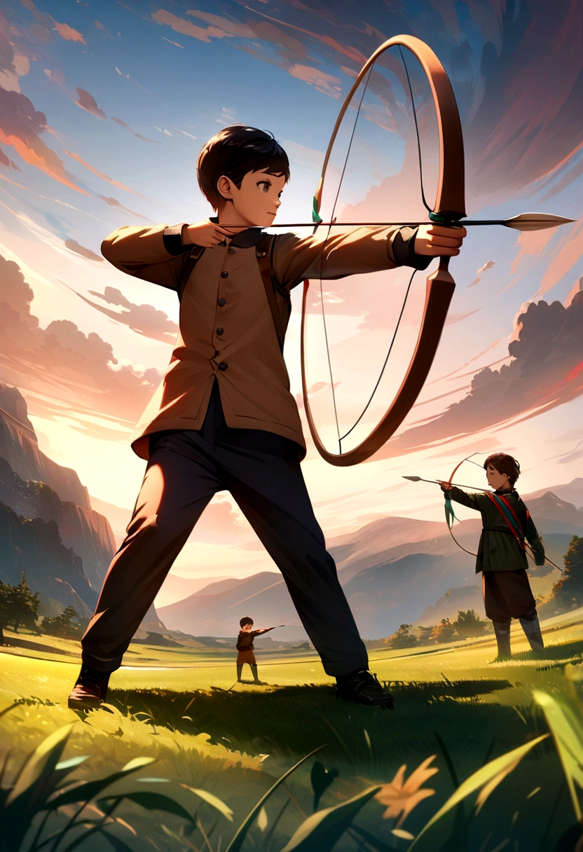  with brownish black hair traning archery in the middle of field (Pointing a bow and arrow to a target). 4K Resolution, Ultra Detailed Pose. 