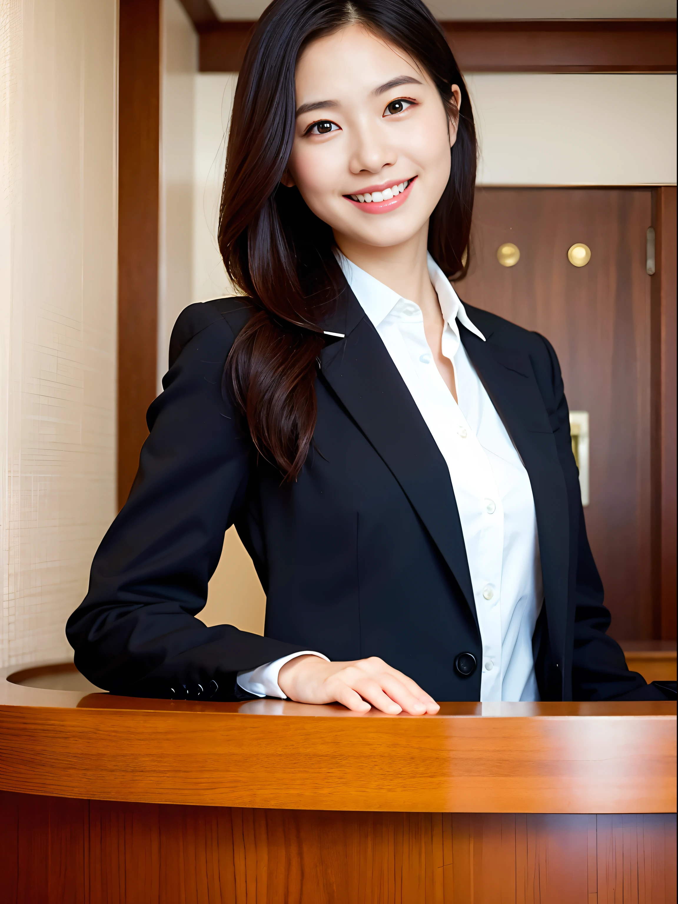 naturallight, girl standing and smiling at hotel reception in black hotel suit, (best qualityer, work of art: 1.2)