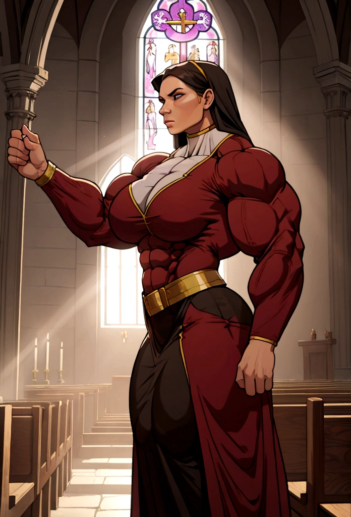 very big muscle woman prayng in church