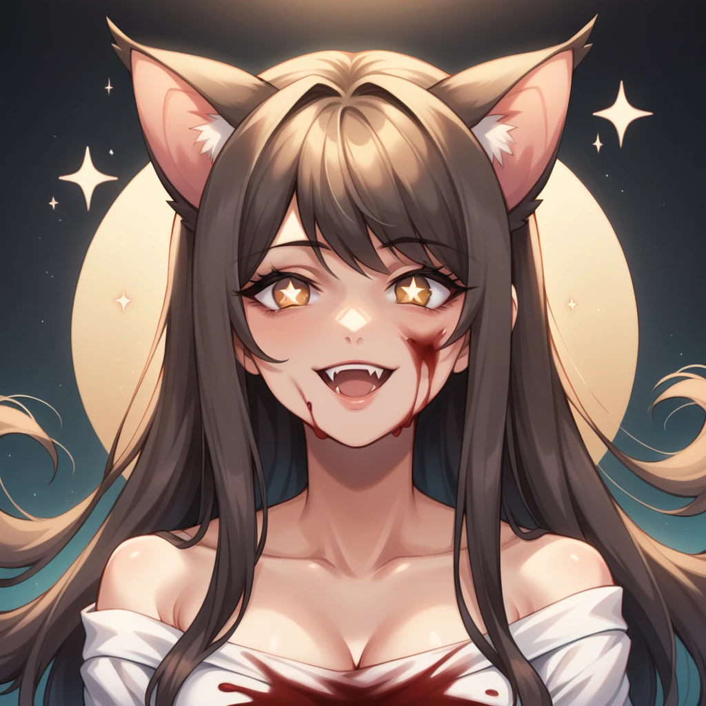 (masterpiece, best quality), ((1girl, (mature female) long hair), (star-shaped pupils,  +_+, symbol-shaped pupils, sparkling eyes), (cat ears, open open mouth)), (looking at viewer, light smile, off shoulder), (abstract, multicolored background, abstract background, chromatic aberration), vampire, blood on face, blood on clothes, bat wings