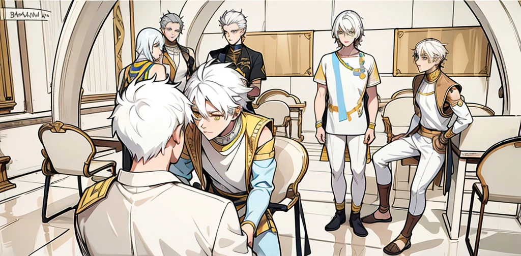 hjay cute men with white hair and yellow eyes in front of a young man in an ancient Egyptian palace