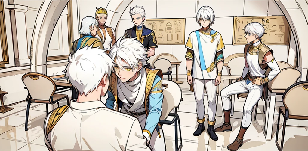 hjay cute men with white hair and yellow eyes in front of a young man in an ancient Egyptian palace