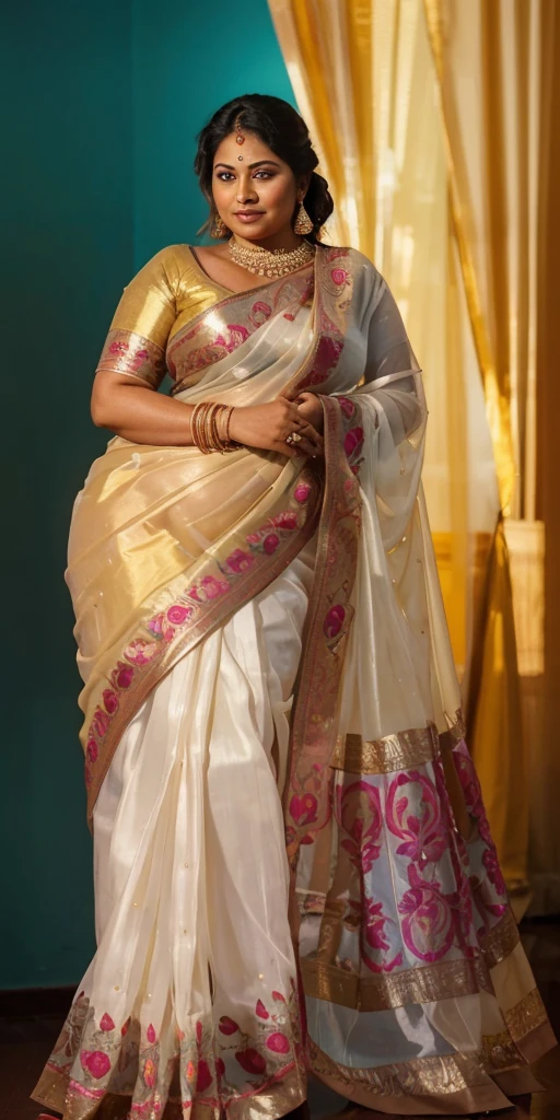 A radiant, full-figured South Indian 45 year old bride ( surrounded by a group of men)wearing a transparent cream colour silky saree standing in a living room, , captured in a full-body image with vibrant hues and meticulous details. Full body image