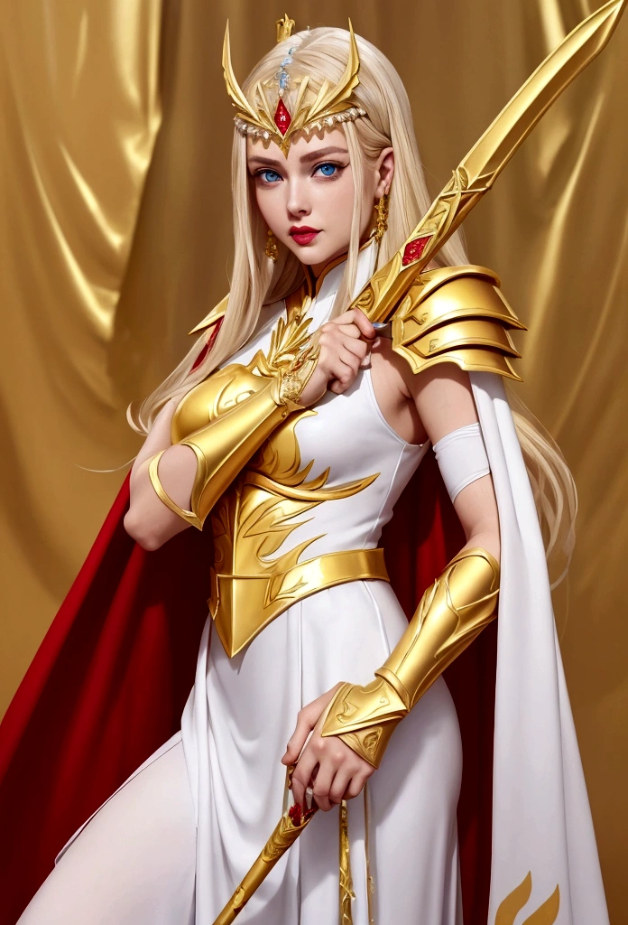 She-Ra and the winged tiara，She was wearing a short white dress decorated with metallic patterns，And a red cape，Golden boots，and long golden wrist guards that extend from the elbow to the wrist。Long blond hair，blue eyes and red lips。 She carries a sword，Crystal inlaid in the middle