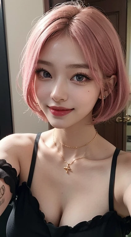 1 girl, 19 years old, south korean, 4k, masterpiece, frekles under eyes, short whavy pink hair, bob haircut, pink eyes, red lips, red eyeliners, massively large breast, off shoulder pink top, discovered breast, tattoo in the neck, gold necklase, tilted head, happy, big smile, perfect teeth, lots of frekles under eyes, selfie, close shot, detailed face, face focus, facing camera.
