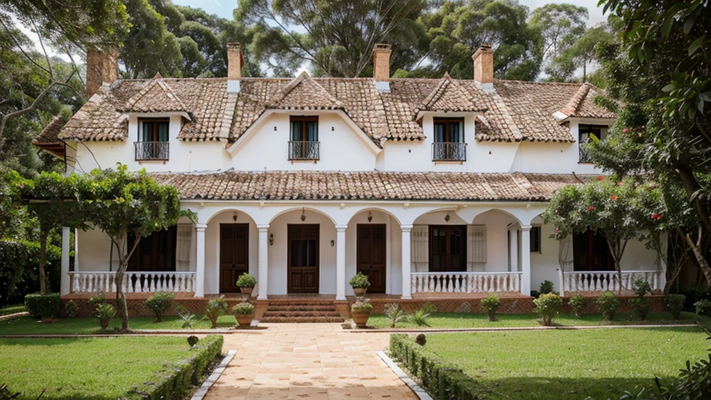 Front view of three small white colonial houses of Villa de Leiva, Colombia with tile roof