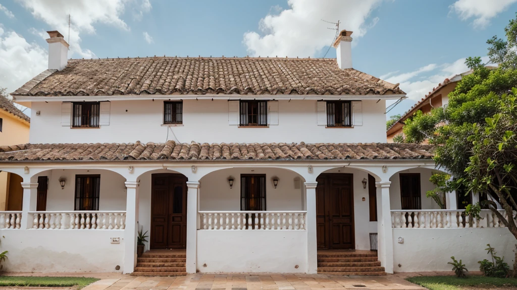 Front view of three small white colonial houses of Villa de Leiva, Colombia with tile roof