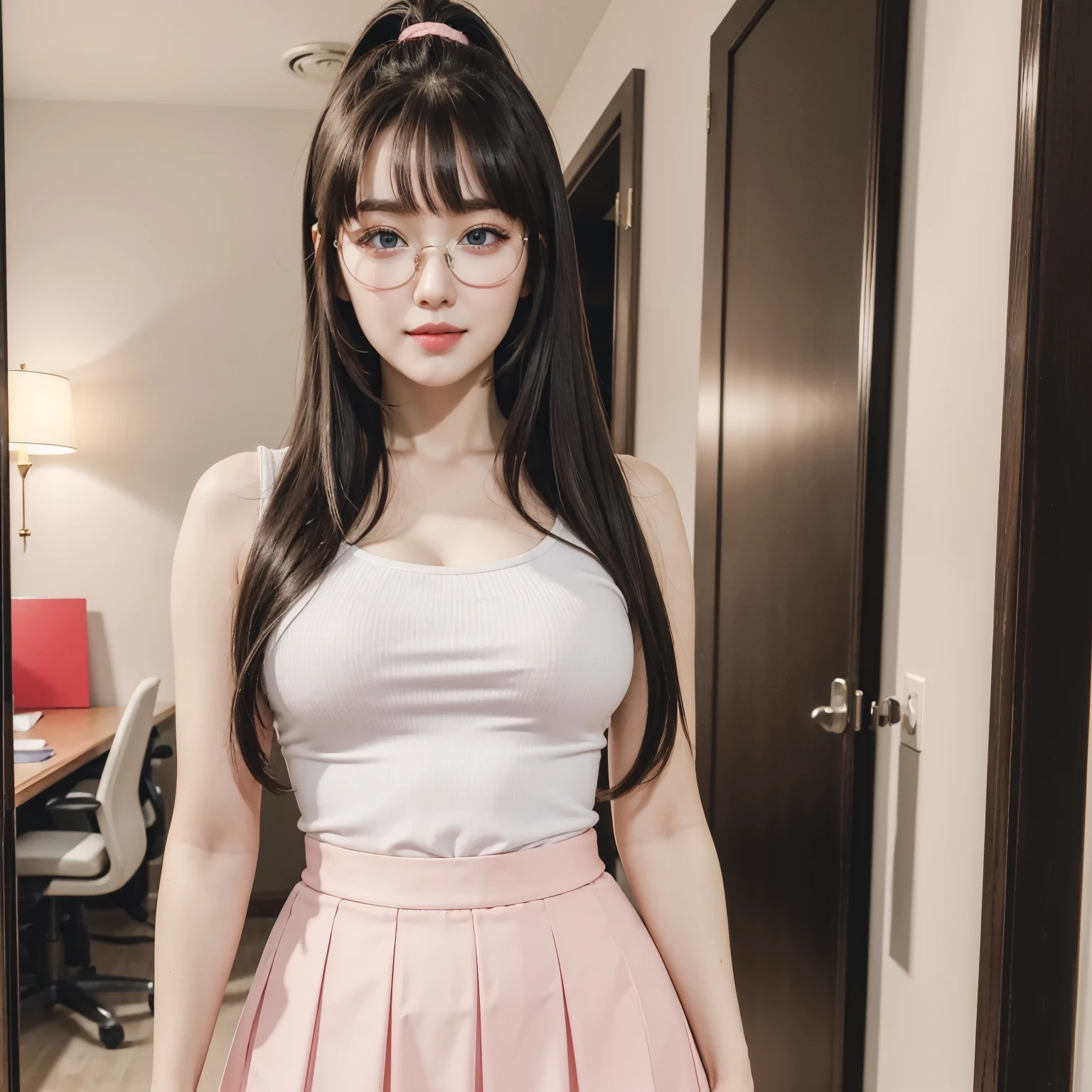 ((best quality)), ((masterpiece)), (detailed), 1girl, RAW, 4k, hd images, 1girl, white skin, long hair, ponytail, layers hair, bangs, black hair, beautiful girl, cute girl, pretty girl,perfect girl, pretty eyes, blue eyes, thin lips, pink lips, thin, perfect , potrait, glasses, sweet smile, , office white shirt, black mini skirt span, full body