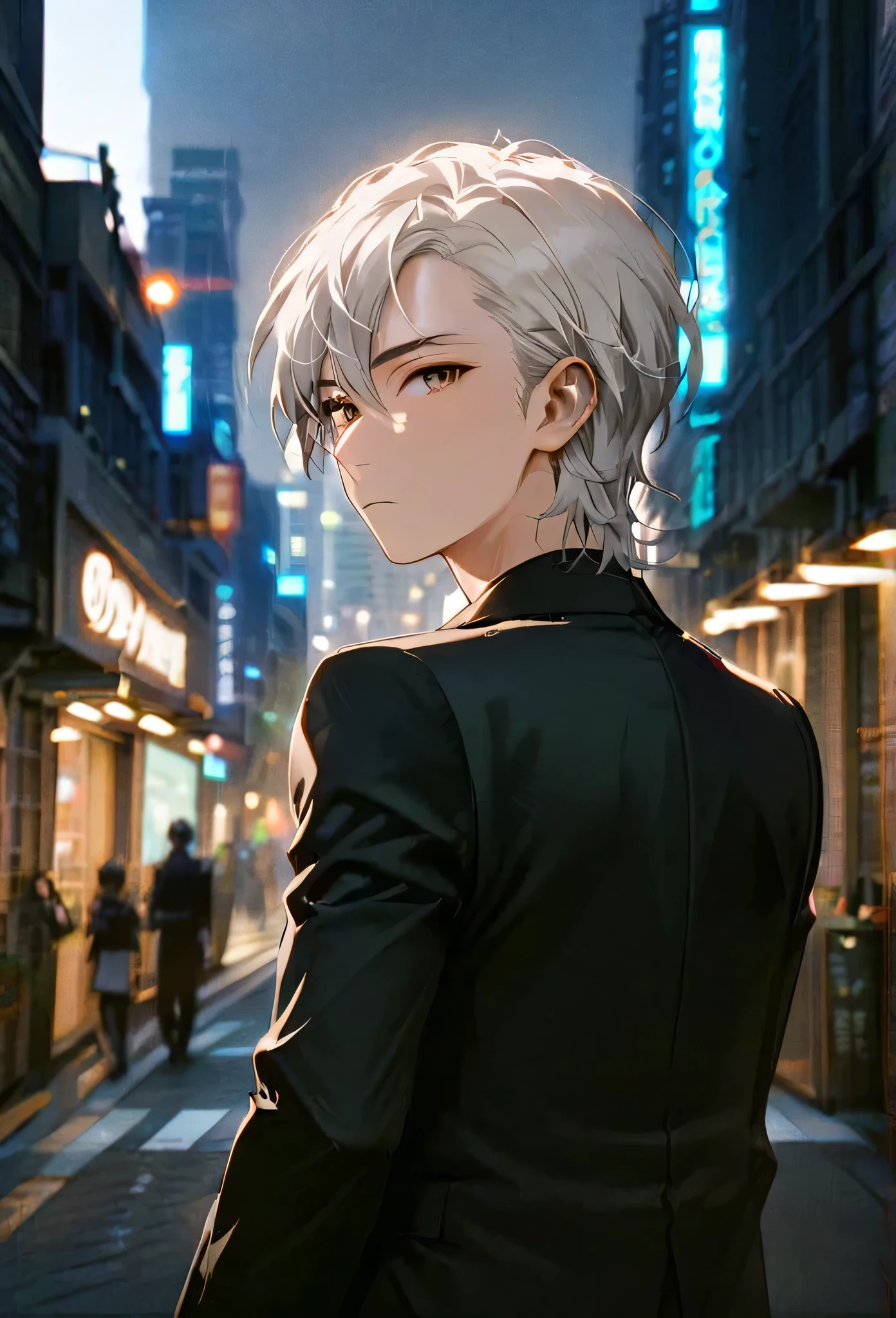Half body portrait of a young man short Smoky white hair, brown eyes, wears an all black suit. Stand and look back. Look back. Half-body image. Look back.. city view
