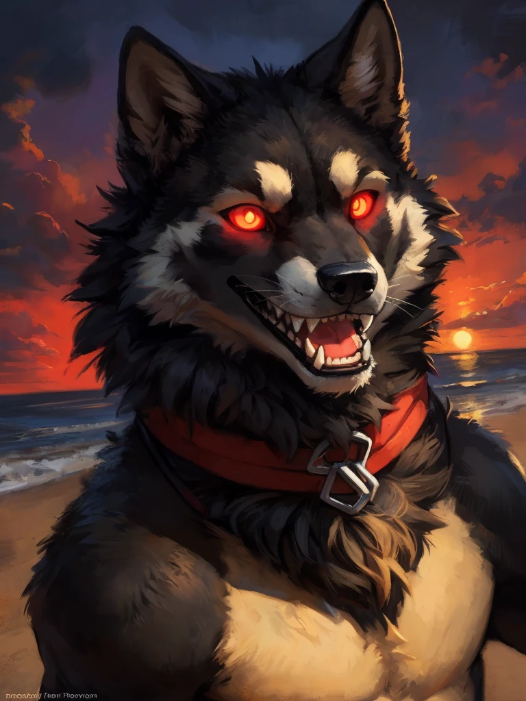 uploaded to e621, beautiful and detailed portrait of a male feral Wolf, kenket, ross tran,Ruan Jia, uploaded to e621, high resolution, photorealestic, cenematic lighting, (((wicked))), (((in the beach))), Wolf, ((fullbody)), Muzzle with sharp teeth, night at full moon, dark black fur, black face, ((red glowing eyes)) Evil smiling face, strand outfit, 独奏, 1boy, Selfie