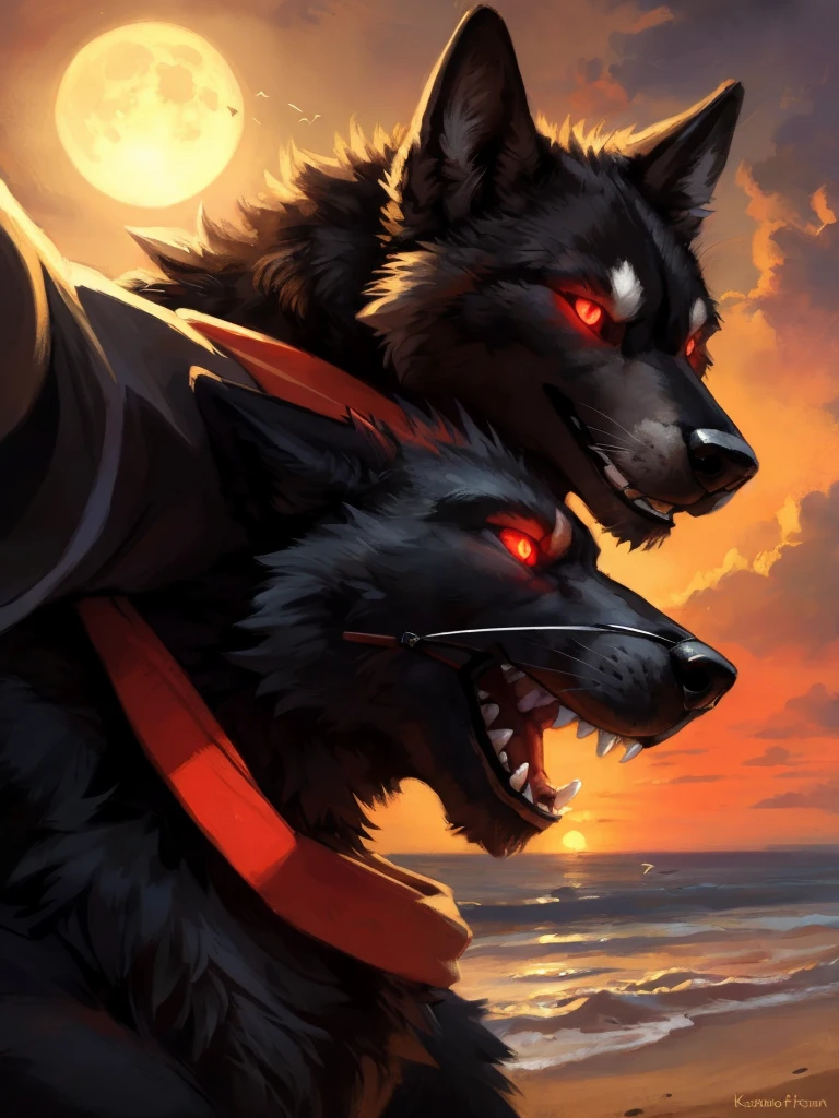 uploaded to e621, beautiful and detailed portrait of a male feral Wolf, kenket, ross tran,Ruan Jia, uploaded to e621, high resolution, photorealestic, cenematic lighting, (((wicked))), (((in the beach))), Wolf, ((fullbody)), Muzzle with sharp teeth, night at full moon, dark black fur, black face, ((red glowing eyes)) Evil smiling face, strand outfit, 独奏, 1boy, Selfie
