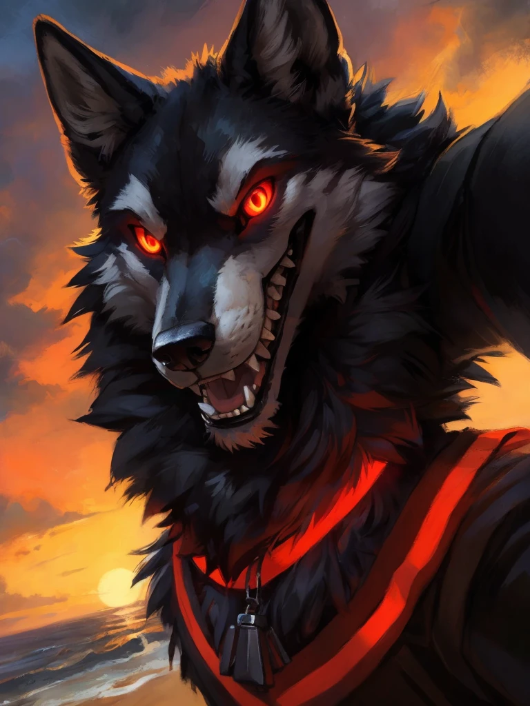 uploaded to e621, beautiful and detailed portrait of a male feral Wolf, kenket, ross tran,Ruan Jia, uploaded to e621, high resolution, photorealestic, cenematic lighting, (((wicked))), (((in the beach))), Wolf, ((fullbody)), Muzzle with sharp teeth, night at full moon, dark black fur, black face, ((red glowing eyes)) Evil smiling face, strand outfit, 独奏, 1boy, Selfie