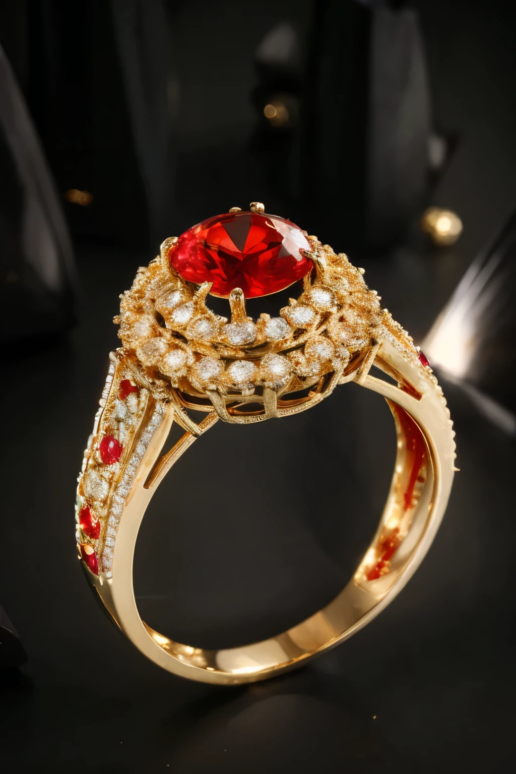 Generate an image of an ornate gold ring with a large, round red gemstone at its center. The gemstone should be set in an elaborate setting with claw prongs. The band of the ring should have intricate detailing, including smaller red gemstones embedded along both sides of the band. The overall design should be luxurious and elegant, emphasizing the contrast between the rich gold and vibrant red gemstones.