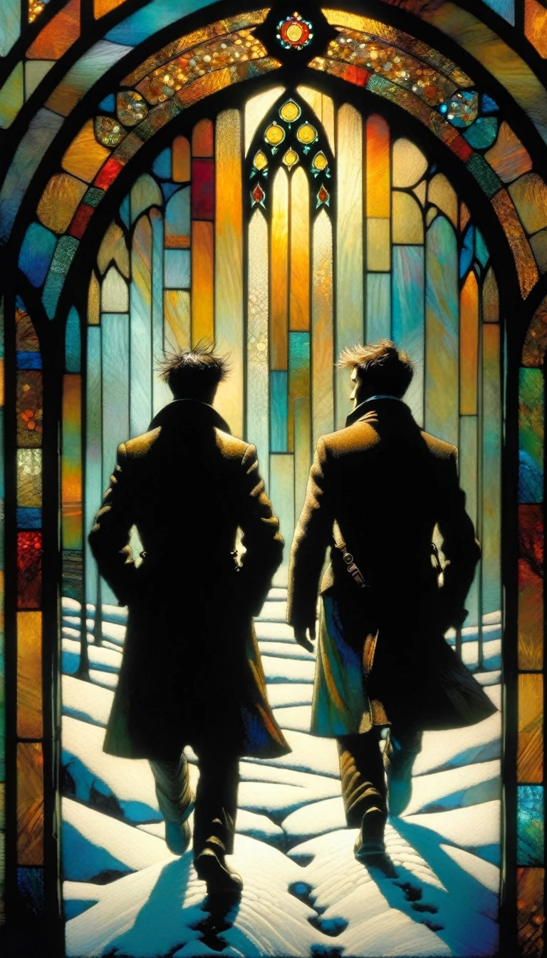 two poor menwalk through the snow past a stained glass window (Dave Mckean inspired art, intricate details, oil painting)