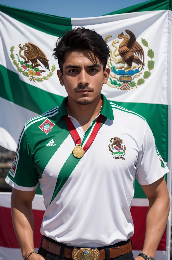 mexico hero, with Mexican flag in the background, regatta shirt, Medals on the neck