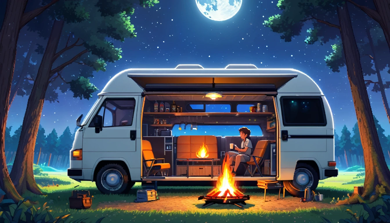 Advance futuristic camper van,detailed interior,parking at open grass land in the forest midnight with full moon shine bright and sky full of stars with campfire and man sit drink coffee.Pixelart,HDR