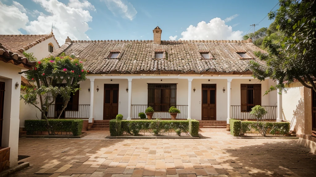 Front view of three small white colonial houses of Villa de Leiva, Colombia with tile roof