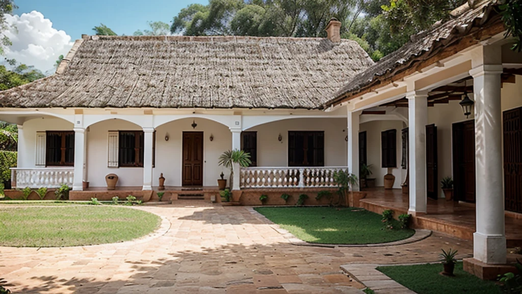 Front view of three small white colonial houses of Villa de Leiva, Colombia with tile roof