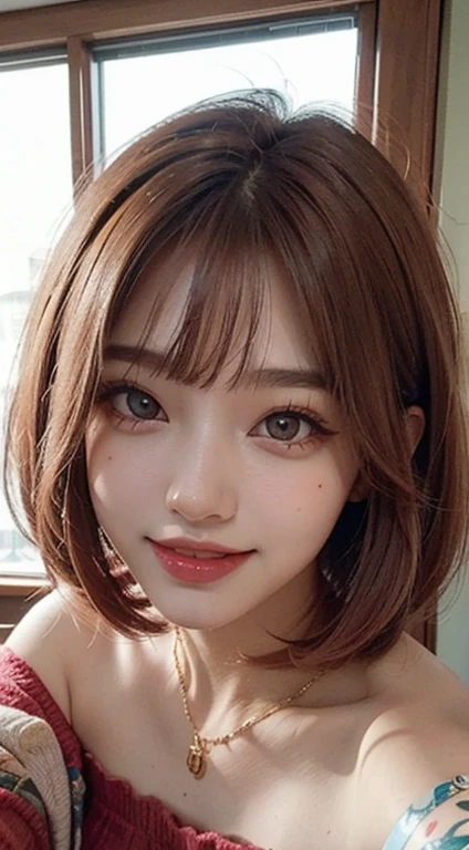 1 girl, 19 years old, south korean, 4k, masterpiece, frekles under eyes, short whavy brown with pink fade hair, bob haircut, pink eyes, red lips, red eyeliners, massively large breast, off shoulder pink top, discovered breast, tattoo in the neck, gold necklase, tilted head, happy, big smile, perfect teeth, lots of frekles under eyes, selfie, close shot, detailed face, face focus, facing camera.