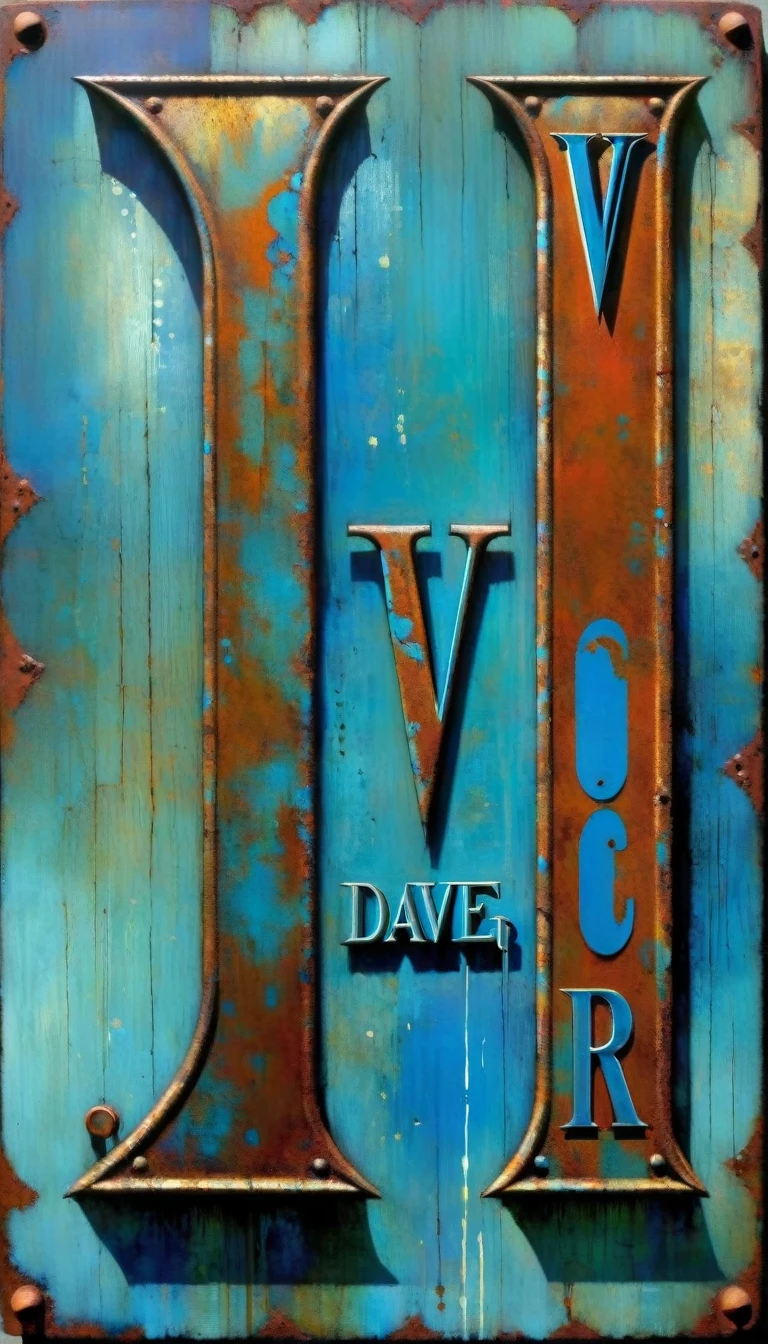 rusty blue sign with text: "VICTOR", metallic blue letters, (Dave Mckean inspired art, intricate details, oil painting)
