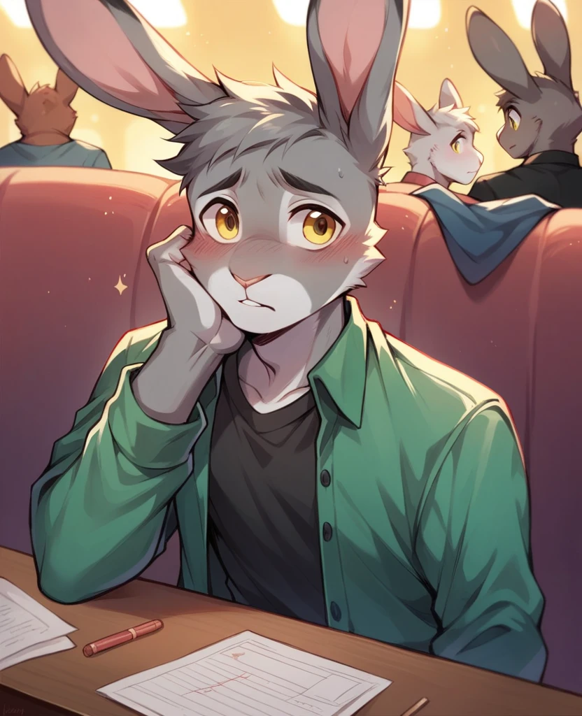 Male, shy, suggestive, anthropomorphic, rabbit, twink, gray fur, yellow eyes, lithe, fully clothed, club background